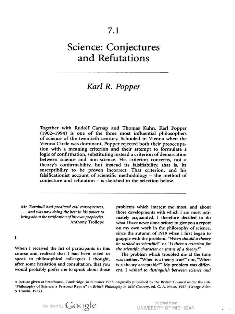 Popper's Science: Conjectures & Refutations | PDF | Falsifiability ...
