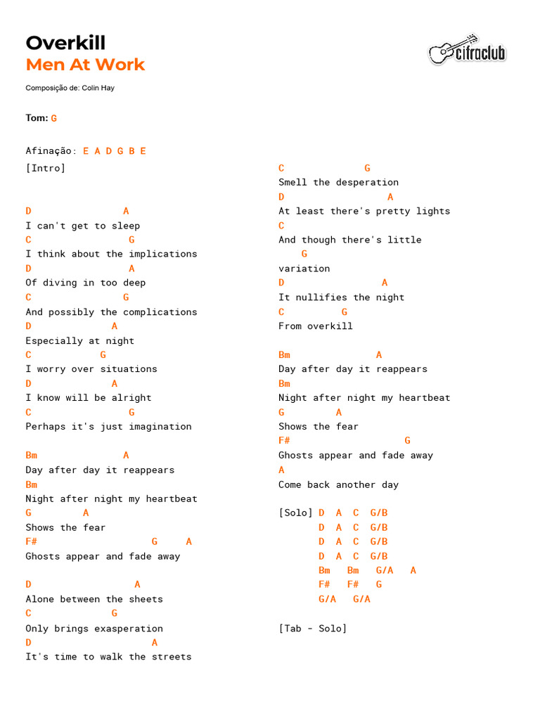 Men at Work: Overkill Chords & Tabs | PDF