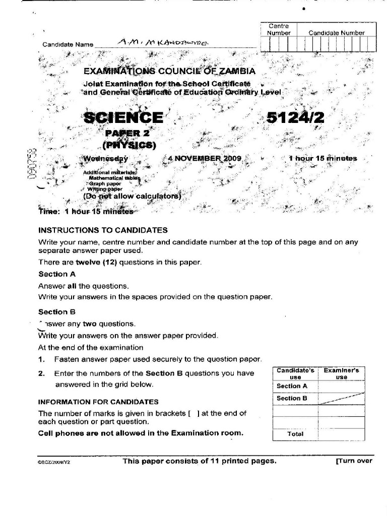 Science P2 (Physics) 2009 Q Paper & MK | PDF