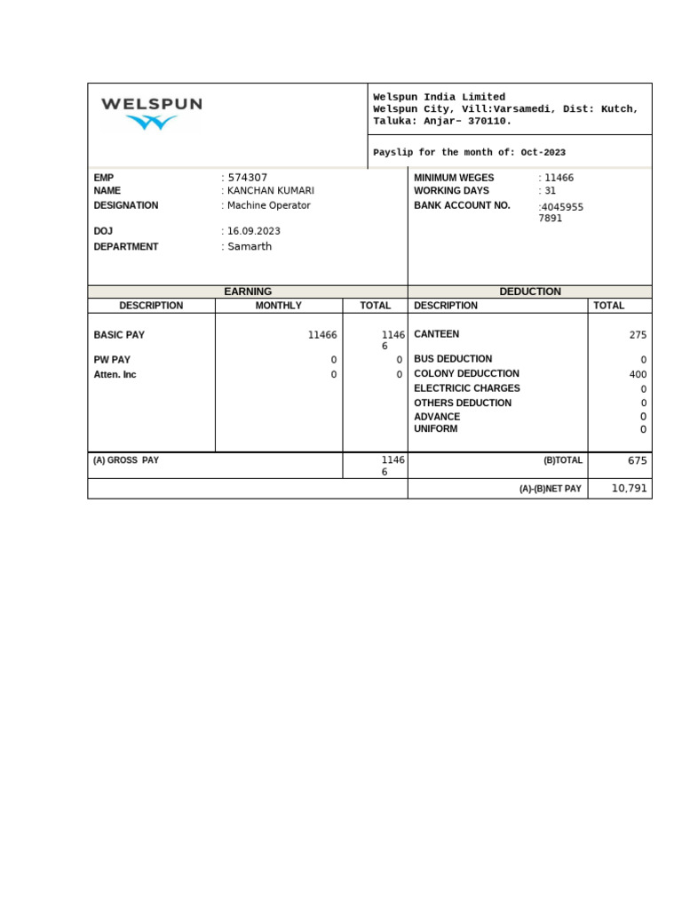 Oct 2023 kanchan kumari welspun salary slip pdf