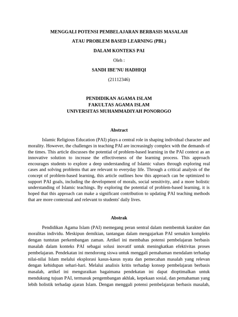 Potensi PBL dalam Pendidikan Agama Islam | PDF | Karier & Perkembangan