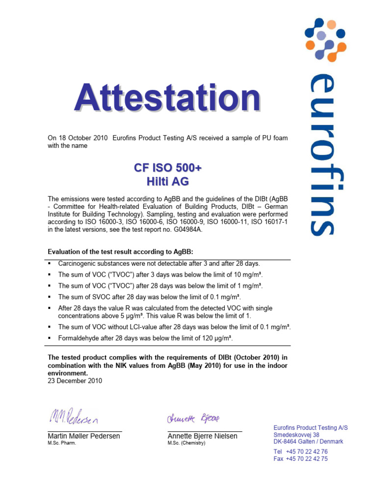 VOC AgBB CF ISO 500 EN Sustainability Documentation SUS 5850905 000 | PDF