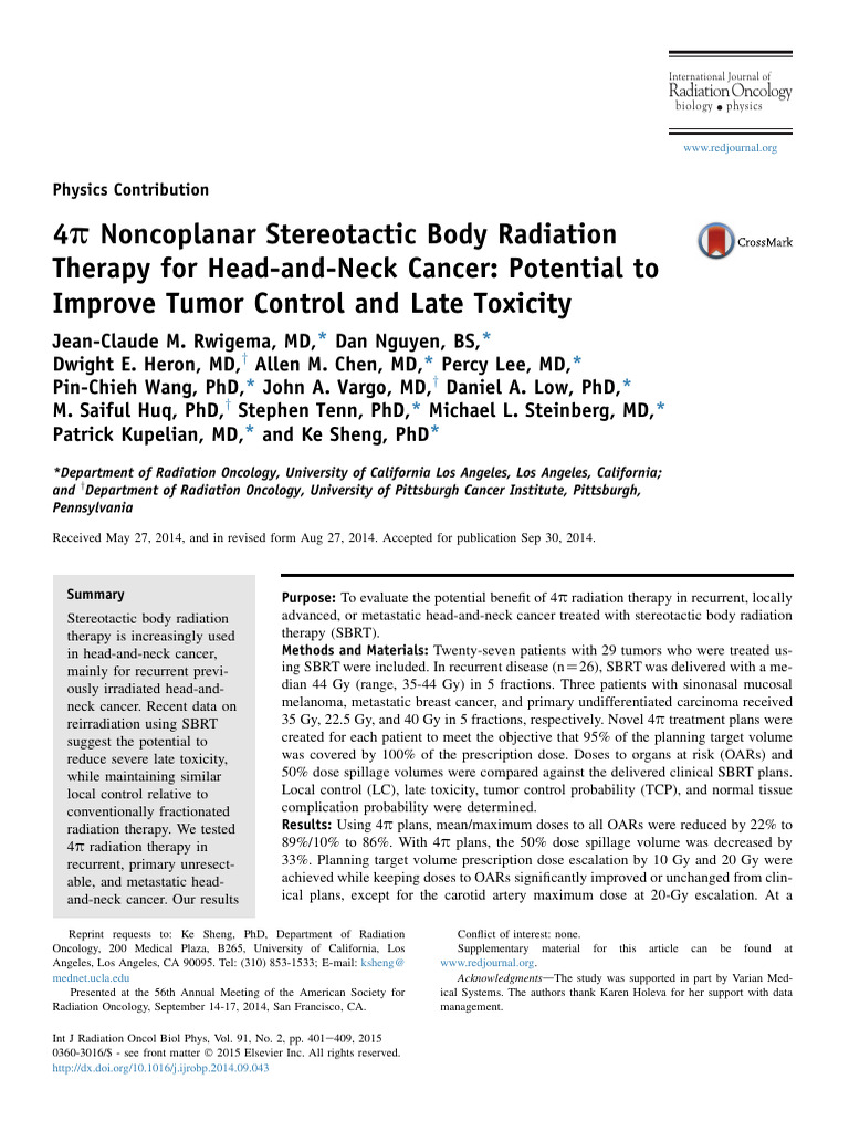 4π Noncoplanar Stereotactic Body Radiation Therapy for Head-and-Neck ...