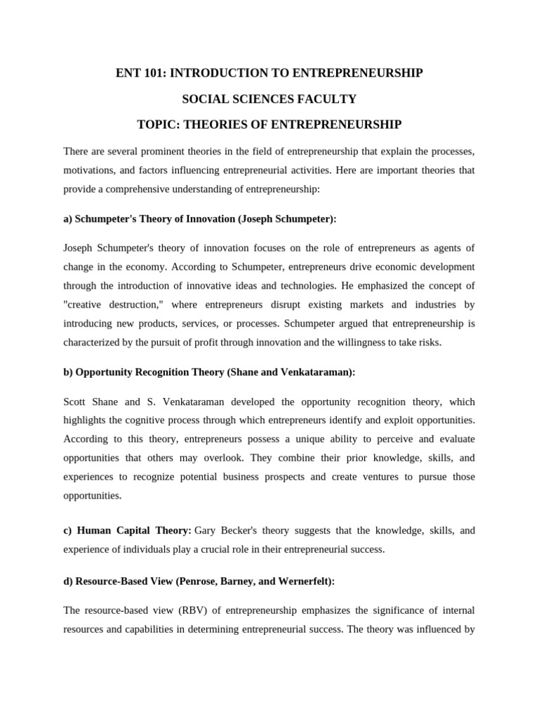 Key Theories of Entrepreneurship Explained | PDF | Entrepreneurship ...