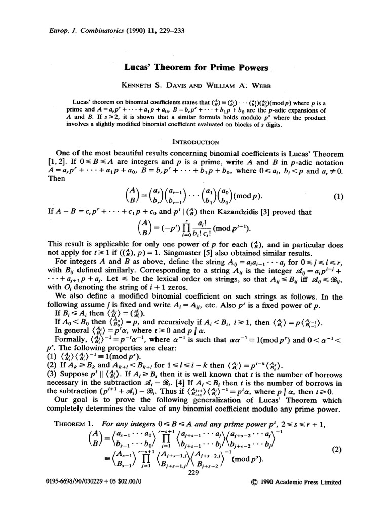 Lucas' Theorem For Prime Powers: (Modp'+t) | PDF | Arithmetic | Mathematics