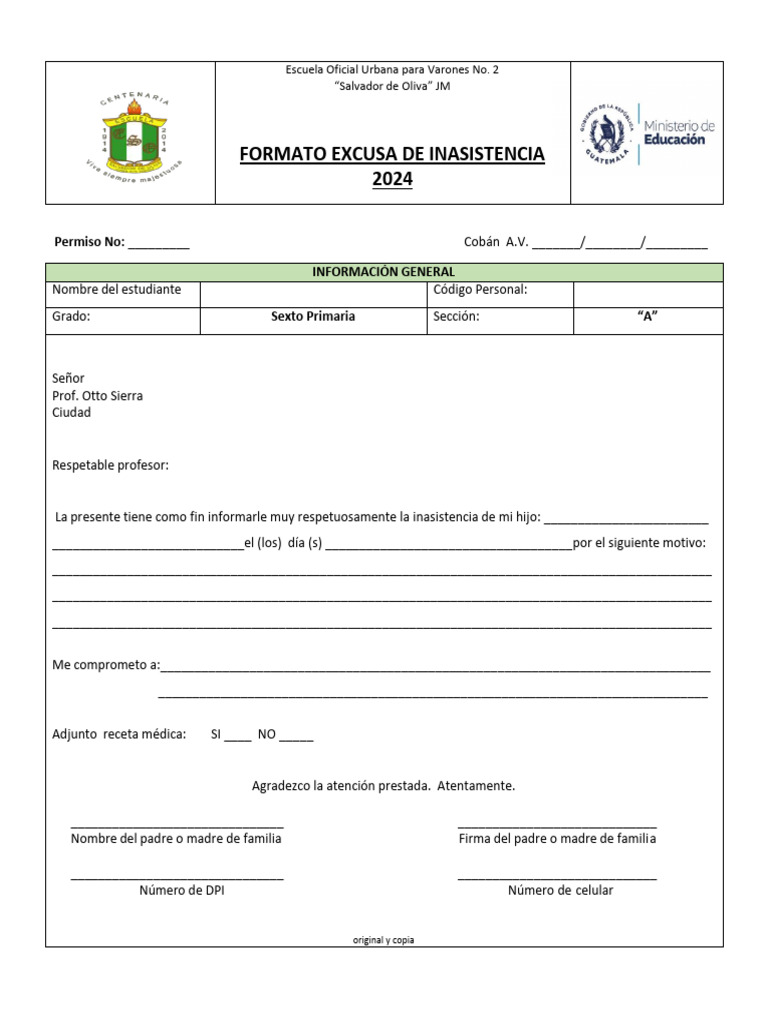 Formato de Excusa de Inasistencia Escolar | PDF