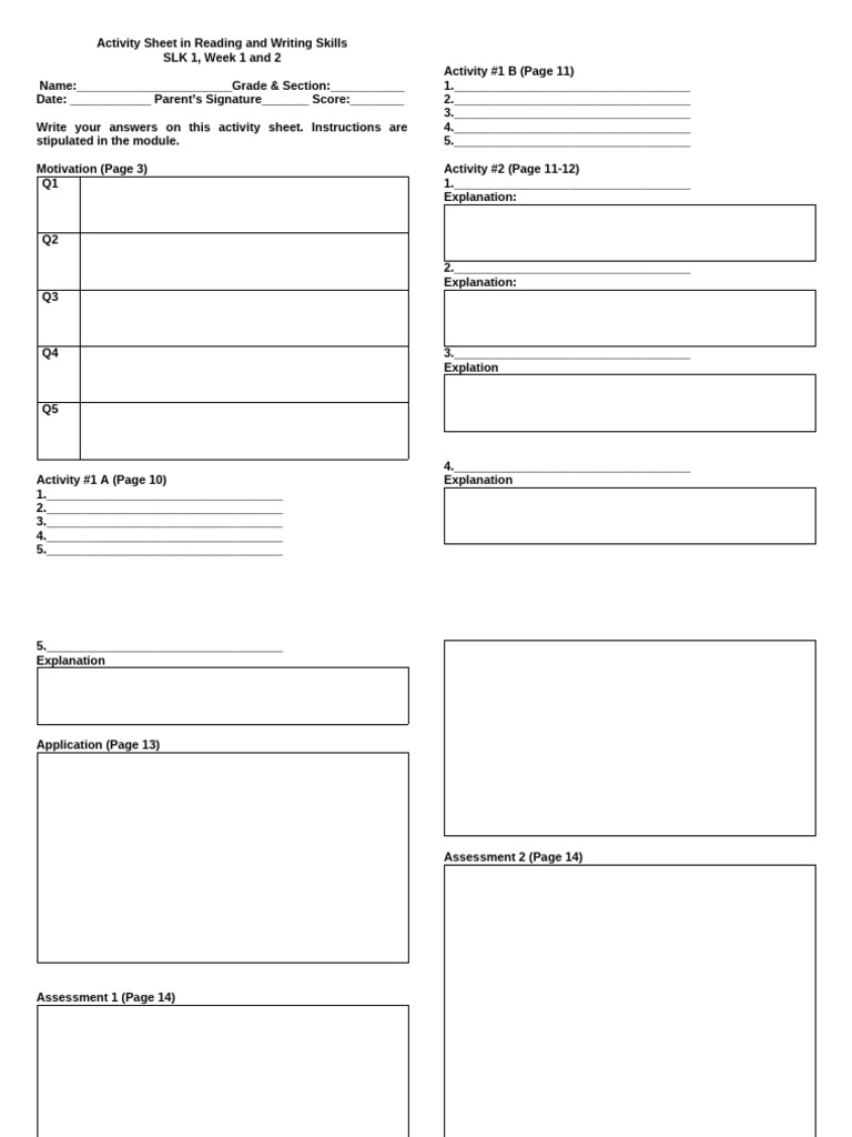 Activity Sheet in Reading and Writing SLK 1 | PDF