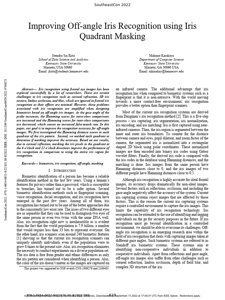Off-Angle Iris Recognition Enhancement | PDF | Receiver Operating ...