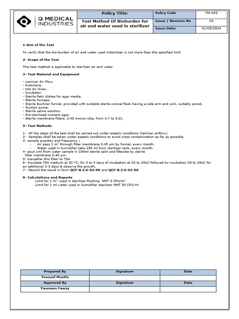 Tm 033 Test Method Of Bioburden For Water And Air Used In Sterilizer Pdf