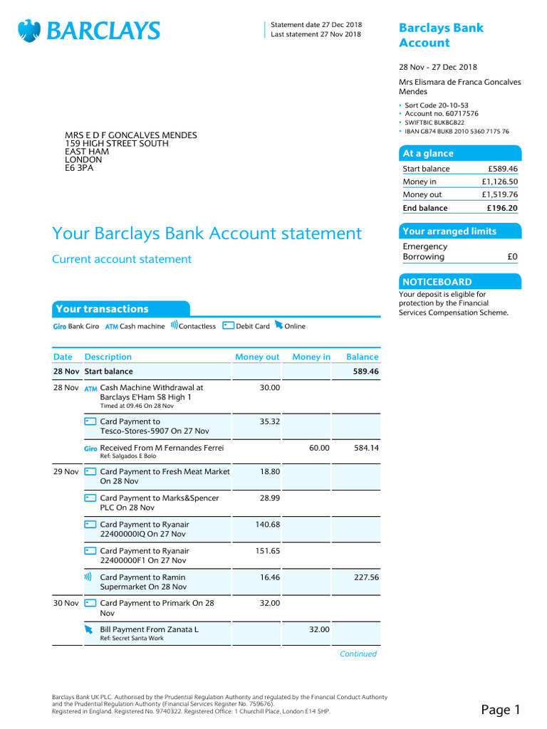 Statement 27-DEC-18 AC 60717576 29050837 | PDF | Overdraft | Debit Card
