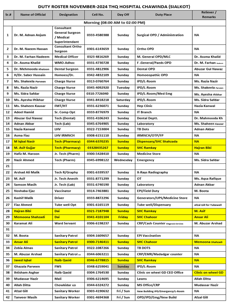 November 2024 Duty Roster THQ Hospital | PDF | Medicine | Health Care