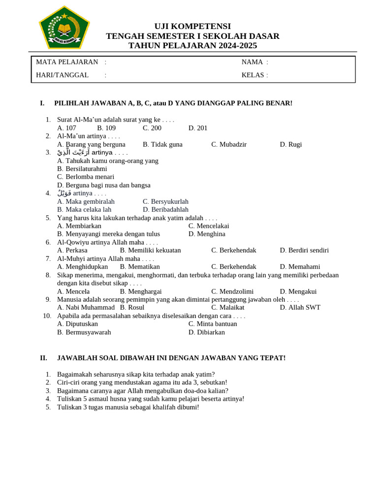 Uji Kompetensi PAI Kelas 5 Semester 1 | PDF | Agama & Spiritualitas