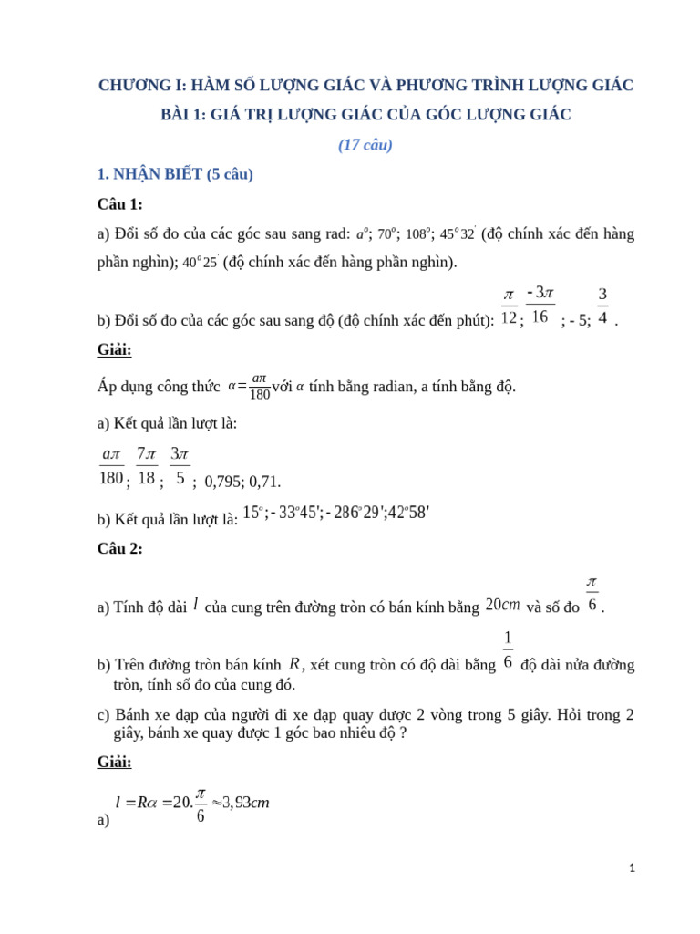 c1 Bai 1 Gia Tri Luong Giac Cua Goc Luong Giac | PDF