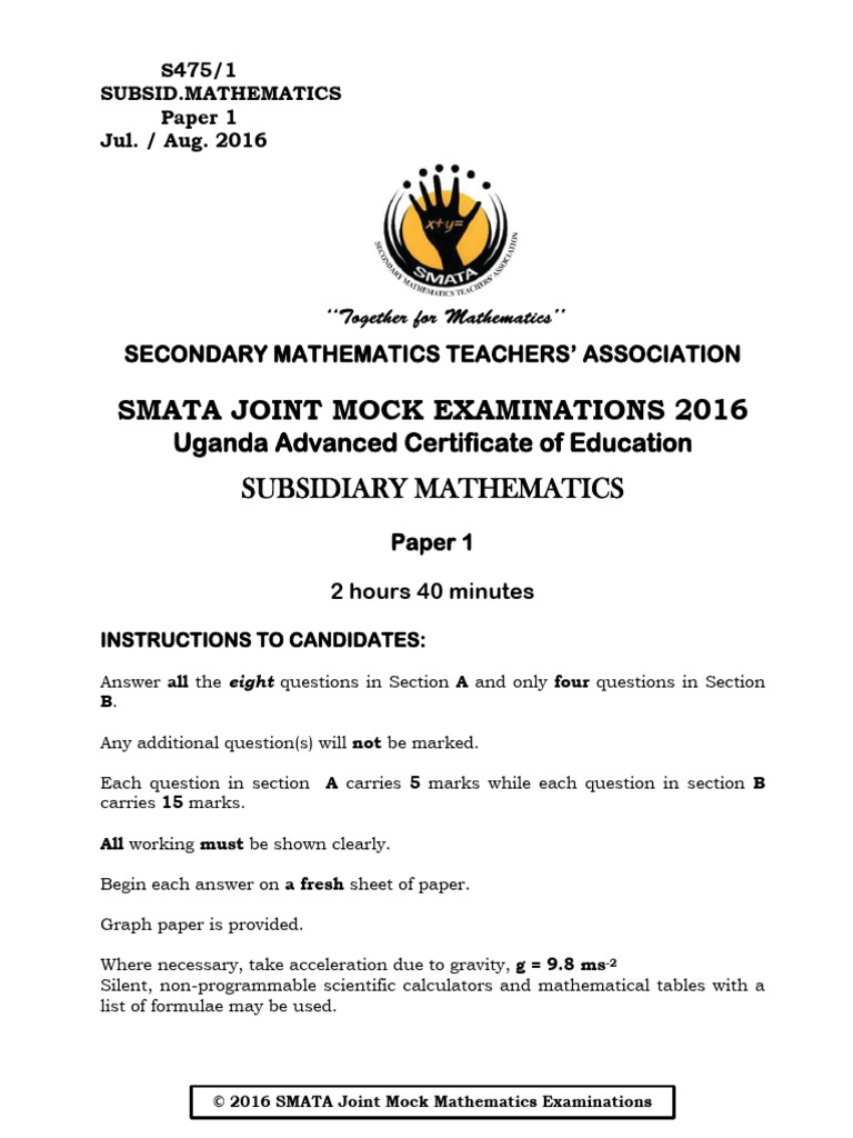 S5 Subsidiary Mathematics Mock Exam 2016 | PDF | Matrix (Mathematics ...