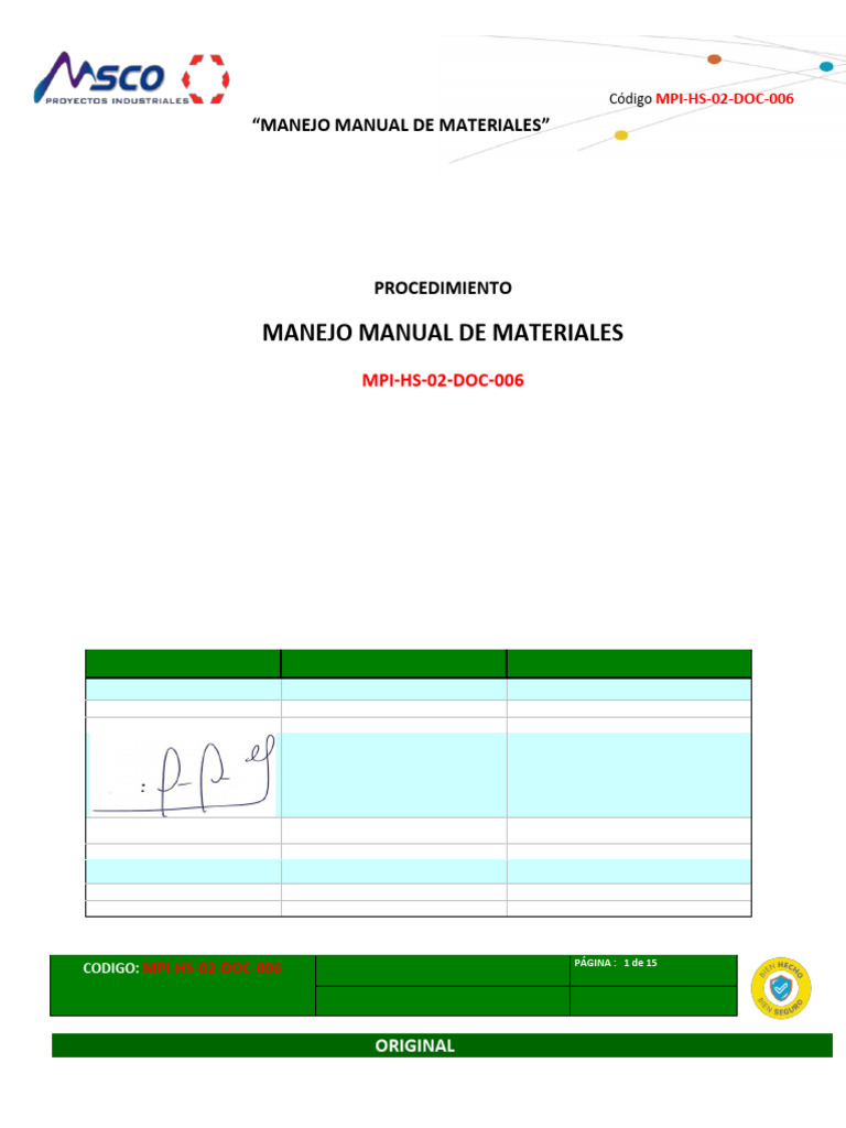 Mpi-Hs-02-Doc-006 - Procedimiento de Manejo Manual de Materiales | PDF ...