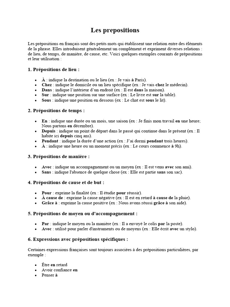 Prépositions en français : Guide et exercices | PDF | Adposition