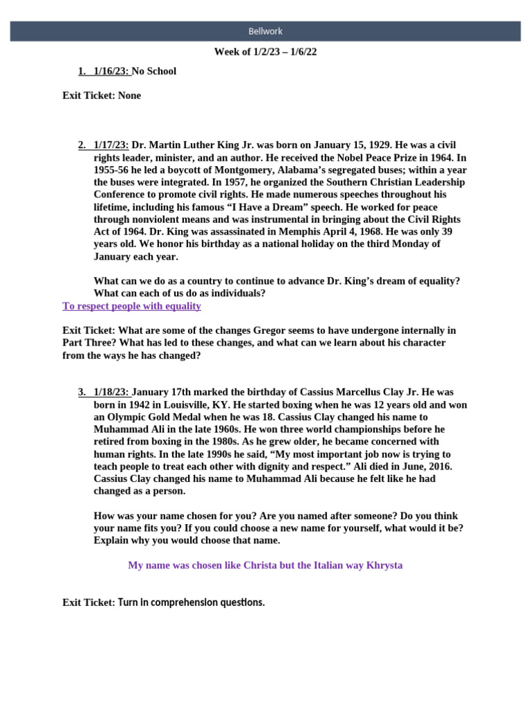 Q3 Bellwork Template W3 PDF Martin Luther King Jr Oath