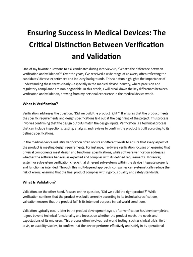 Verification vs Validation in Medical Devices | PDF | Verification And ...