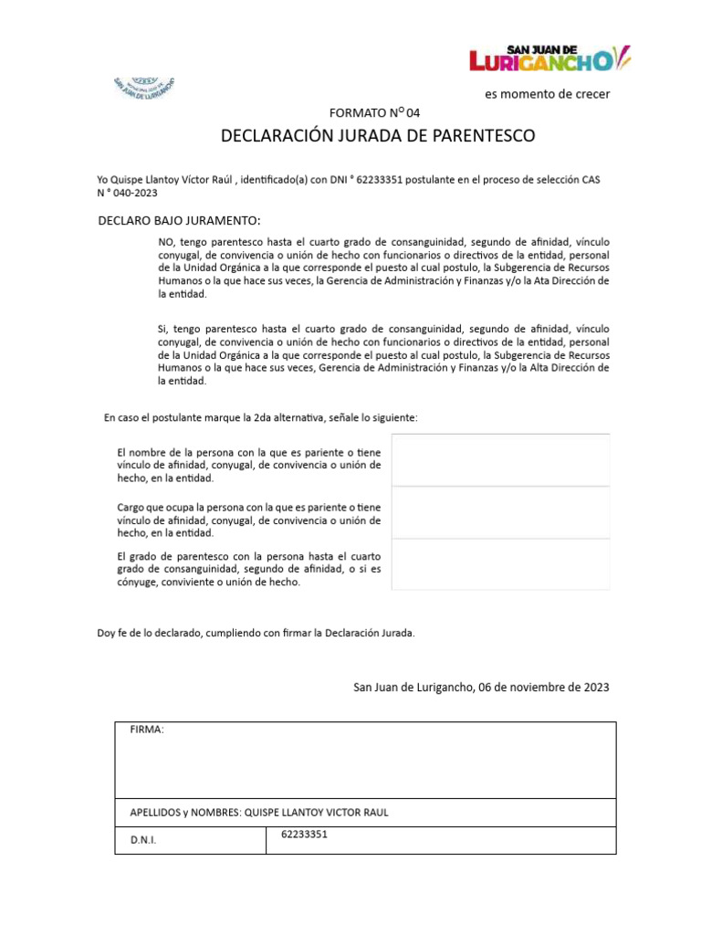 Declaración Jurada de Parentesco CAS 040-2023 | PDF | Derecho