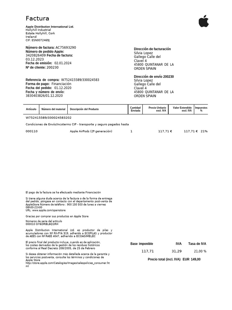 Factura de compra AirPods Pro 2 | PDF | Factura | Economias