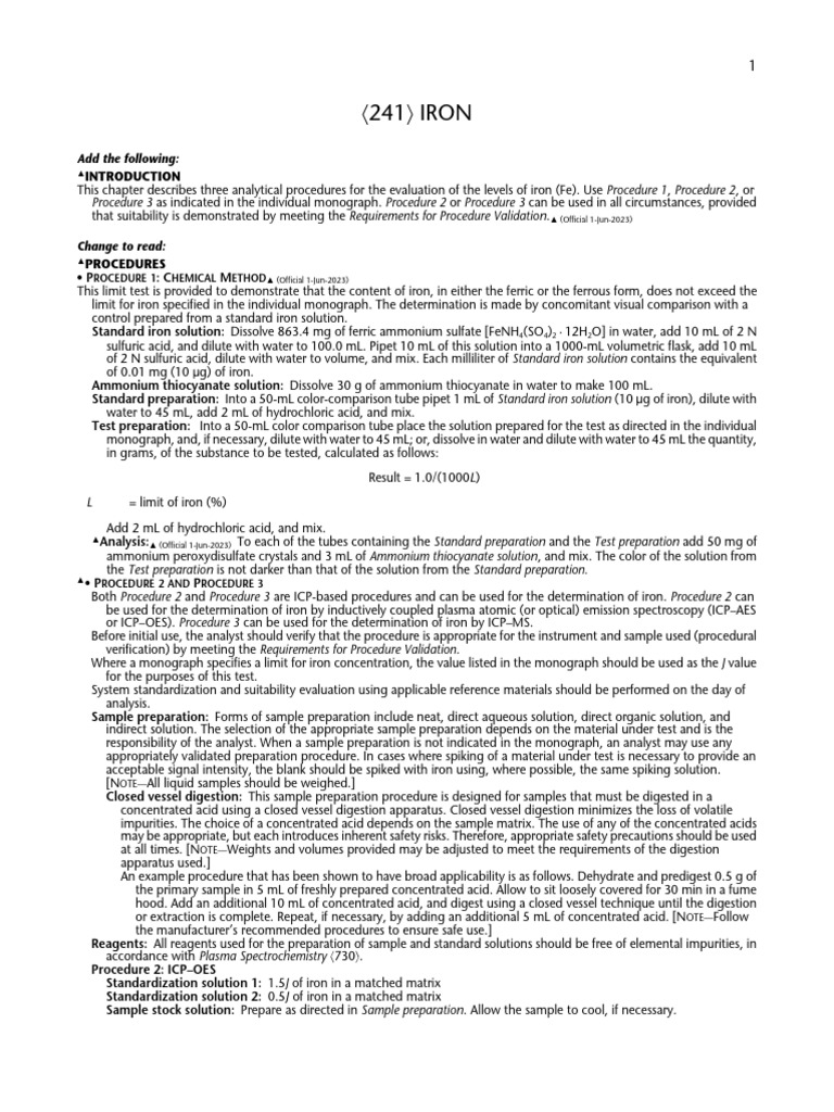 Iron Analysis Procedures in USP 241 | PDF | Accuracy And Precision | Iron