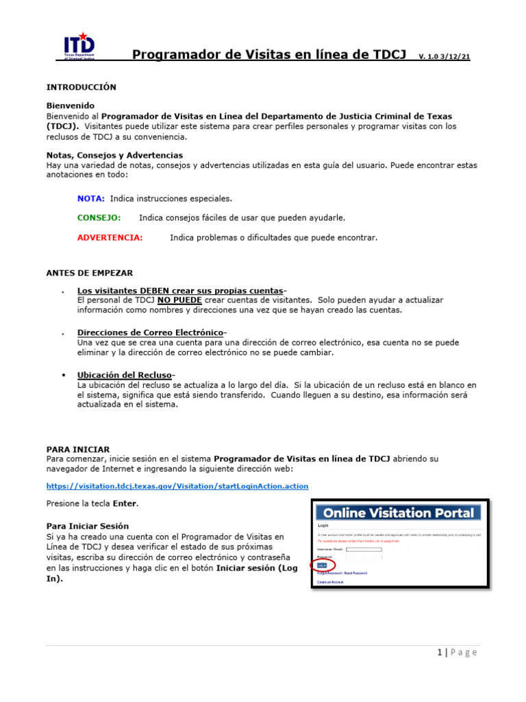 TDCJ Online Visitation Scheduler Guide Spanish PDF Contraseña
