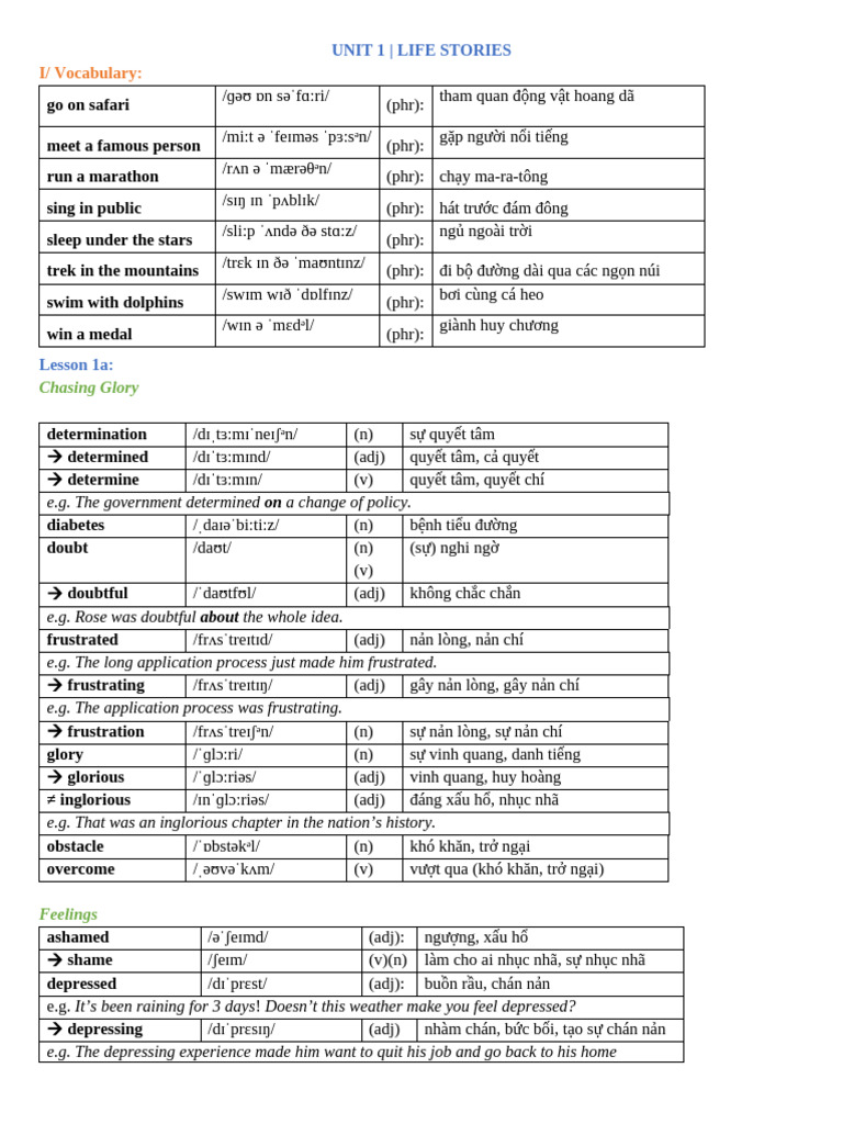 I/ Vocabulary:: Unit 1 - Life Stories | PDF