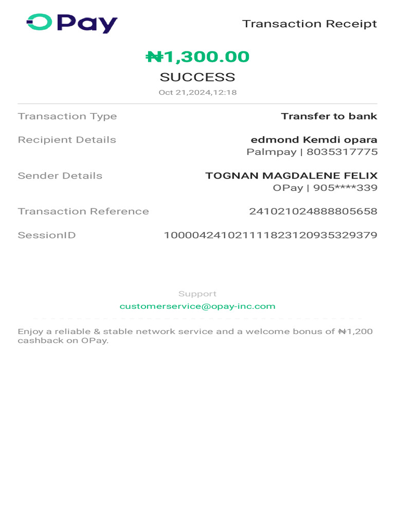 Transaction Receipt for OPay Transfer | PDF