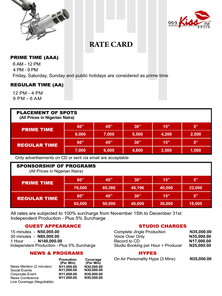 Kiss FM Reviewed Rate Card 1 | PDF | Broadcasting | Television