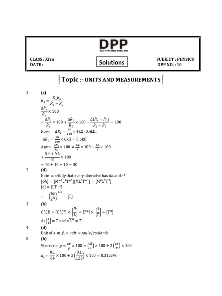 Physics Class 11 DPP on Units & Measurements | PDF | Mechanics ...