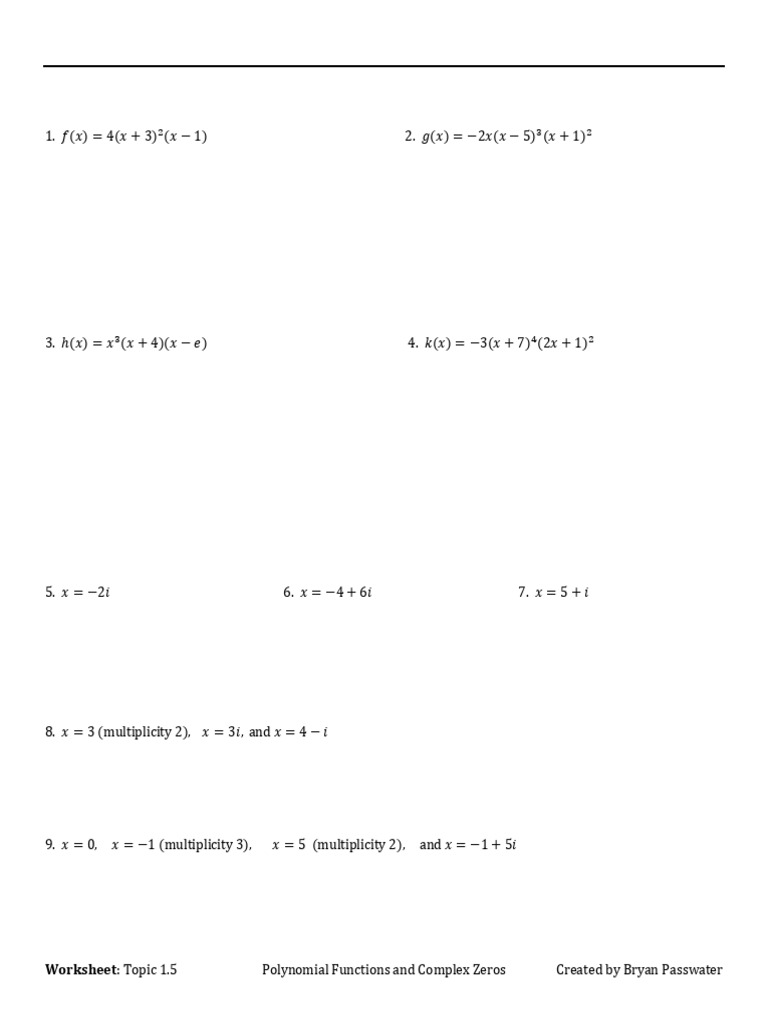 Worksheet Topic 1 5 Polynomials and Complex Zeros PDF Zero Of A