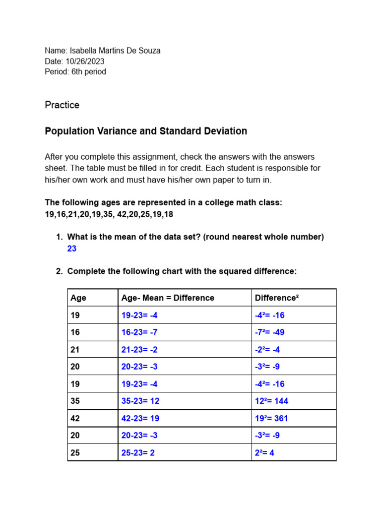 Population Variance & Standard Deviation Practice | PDF