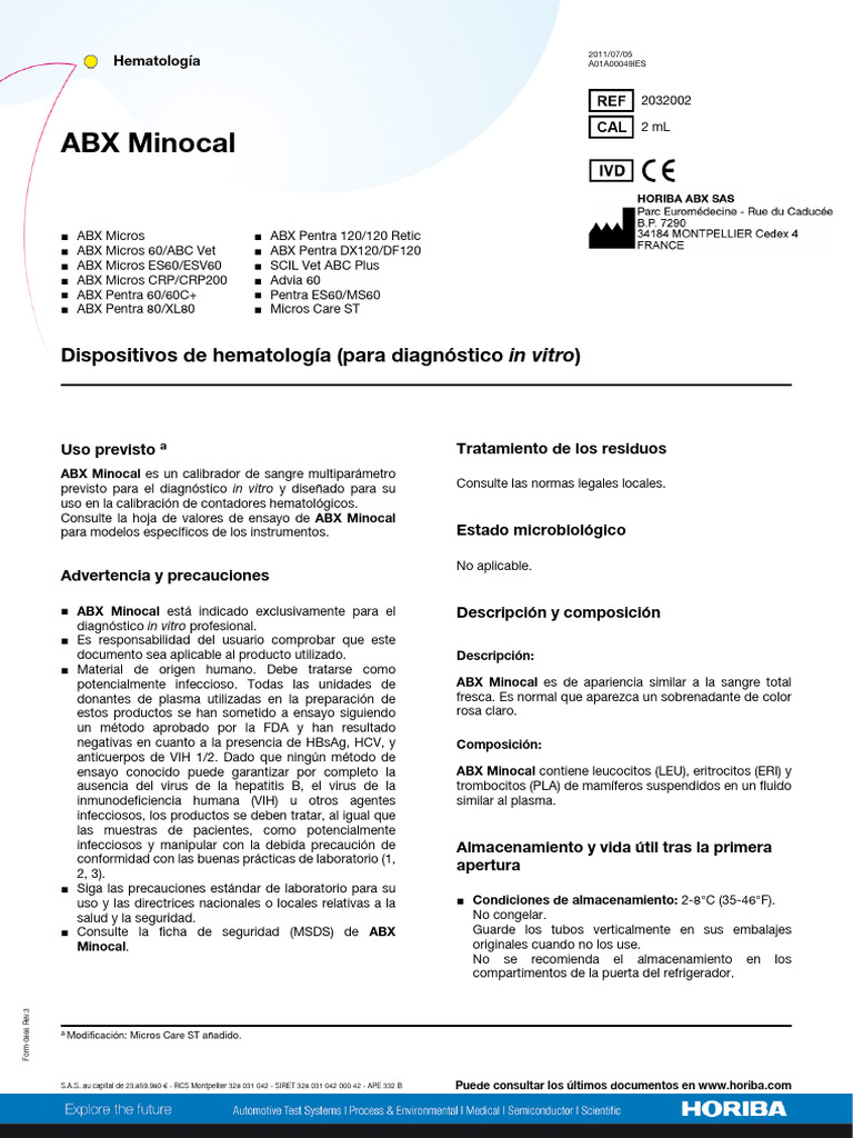 Calibrador Hematológico ABX Minocal | PDF | Calibración | Sangre