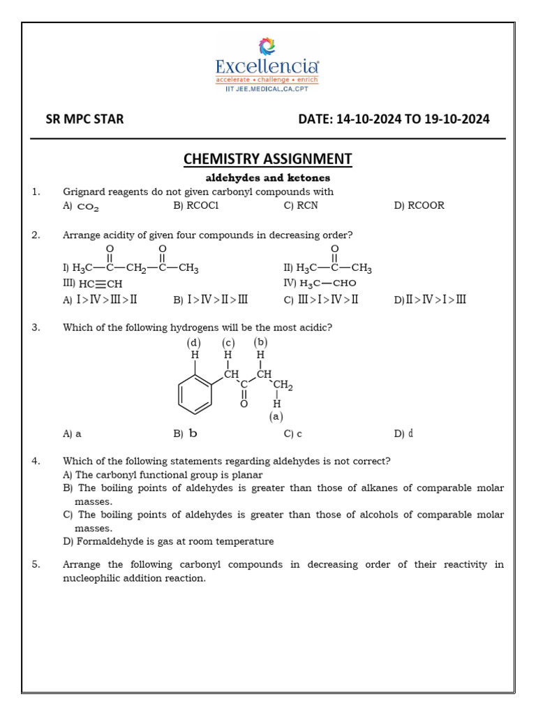 Chemistry Assignments (14-10-2024 To 19-10-2024) | PDF | Aldehyde | Ketone