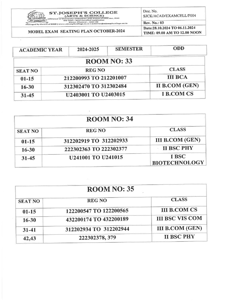 Model Exam Seating Plan October 2024 28.10.2024 To 06.11.2024 | PDF