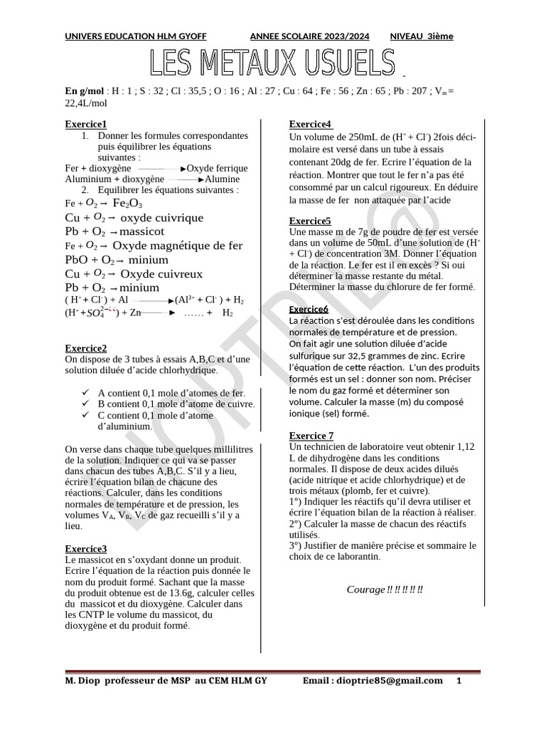 Réactions chimiques et calculs en 3ème | PDF | Cuivre | Fer