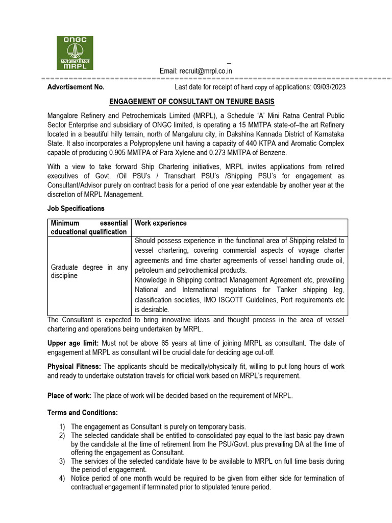 Advertisement No. Engagement of Consultant On Tenure Basis | PDF