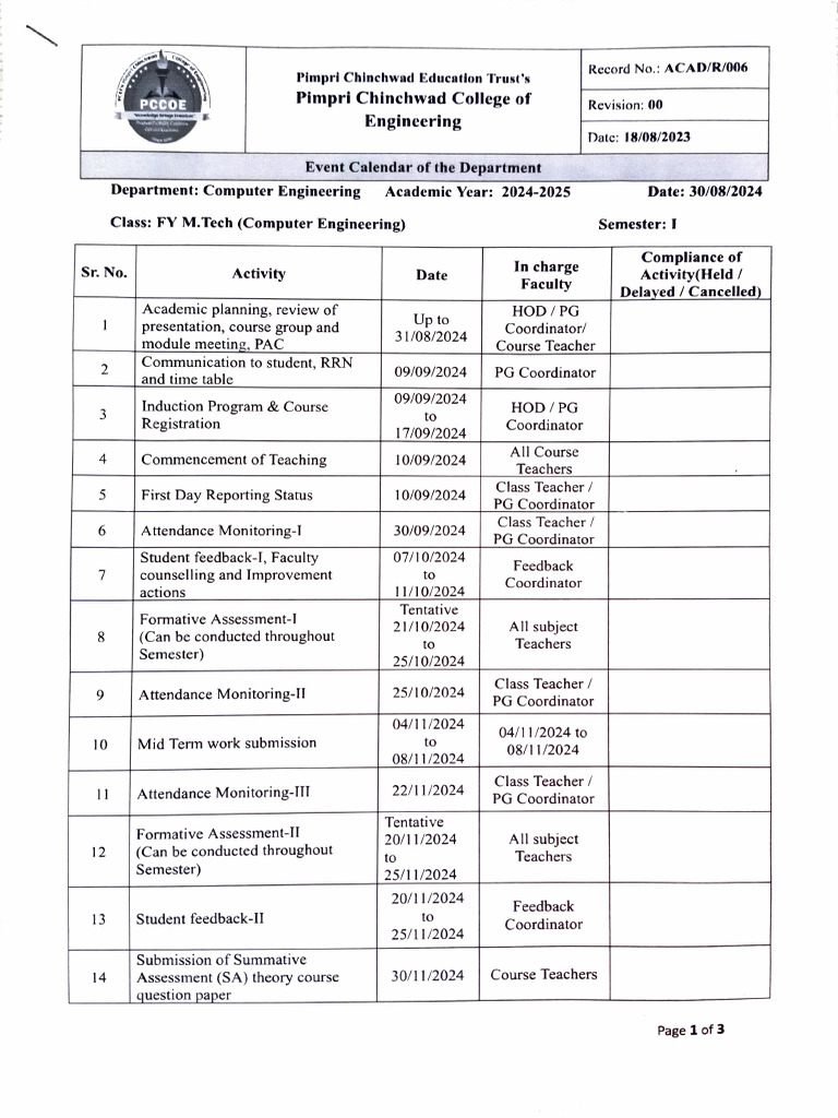 M.Tech Computer Engineering Academic Calendar | PDF
