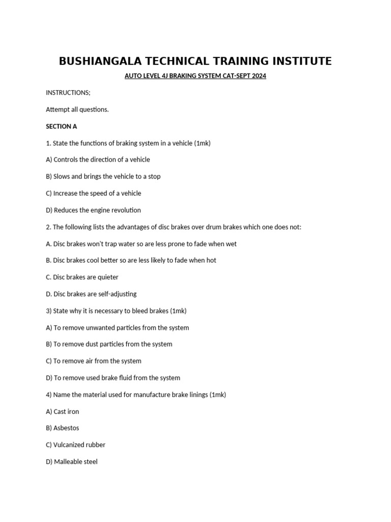 Braking System Exam Questions and Notes | PDF | Brake | Mechanical ...