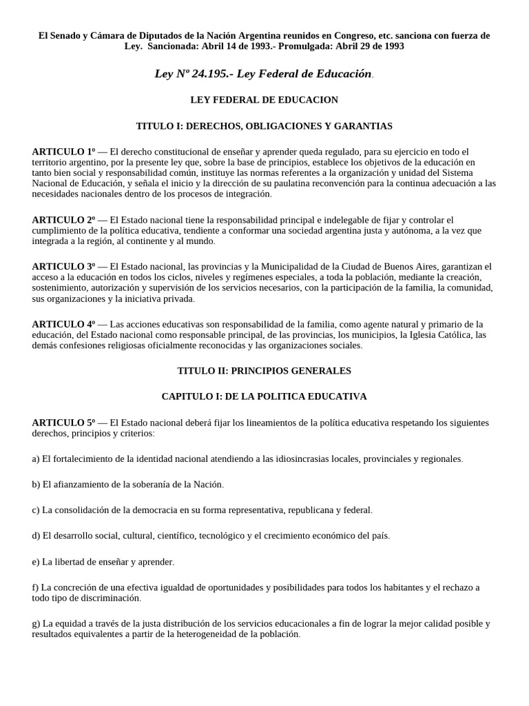 Ley Federal de Educación en Argentina | PDF | Educación de la primera ...