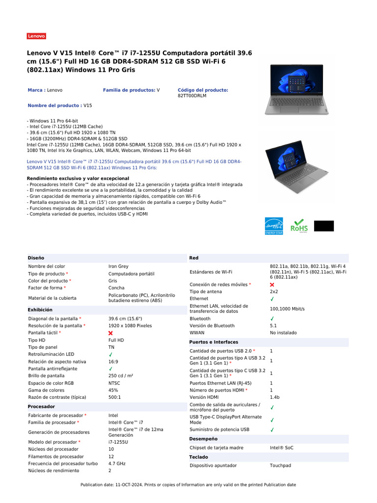Lenovo V15 i7 15.6" Full HD Laptop | PDF | Unidad de estado sólido ...