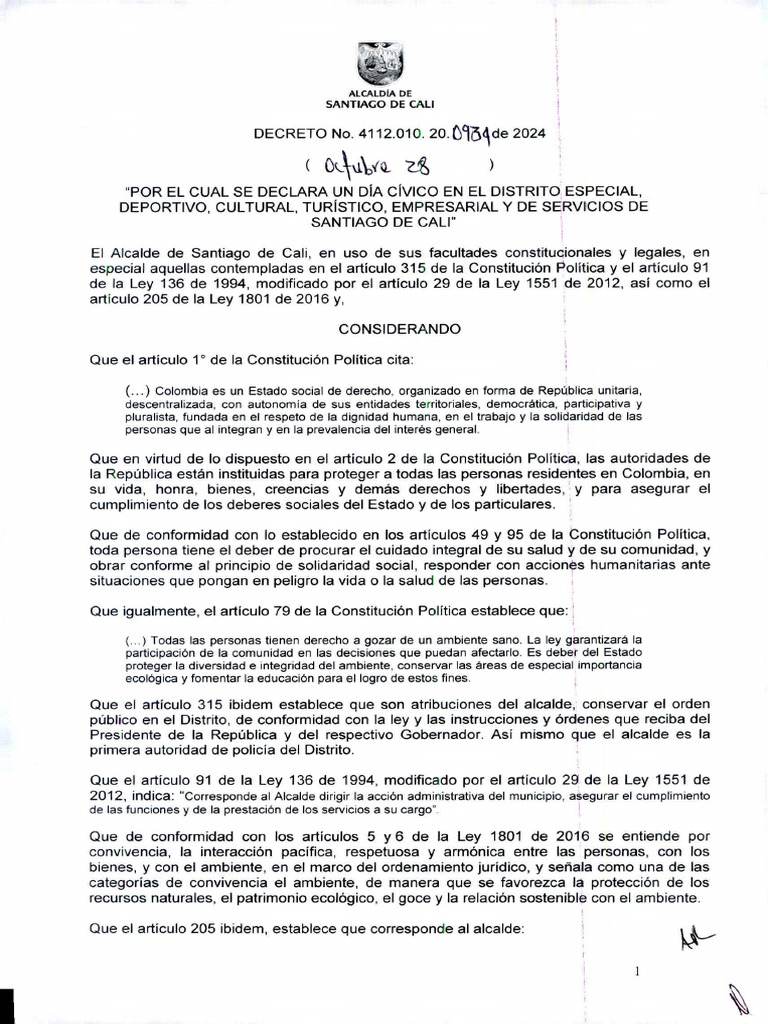 Decreto Día Cívico Cali (0934 de 2024) . | PDF | Biodiversidad | Alcalde