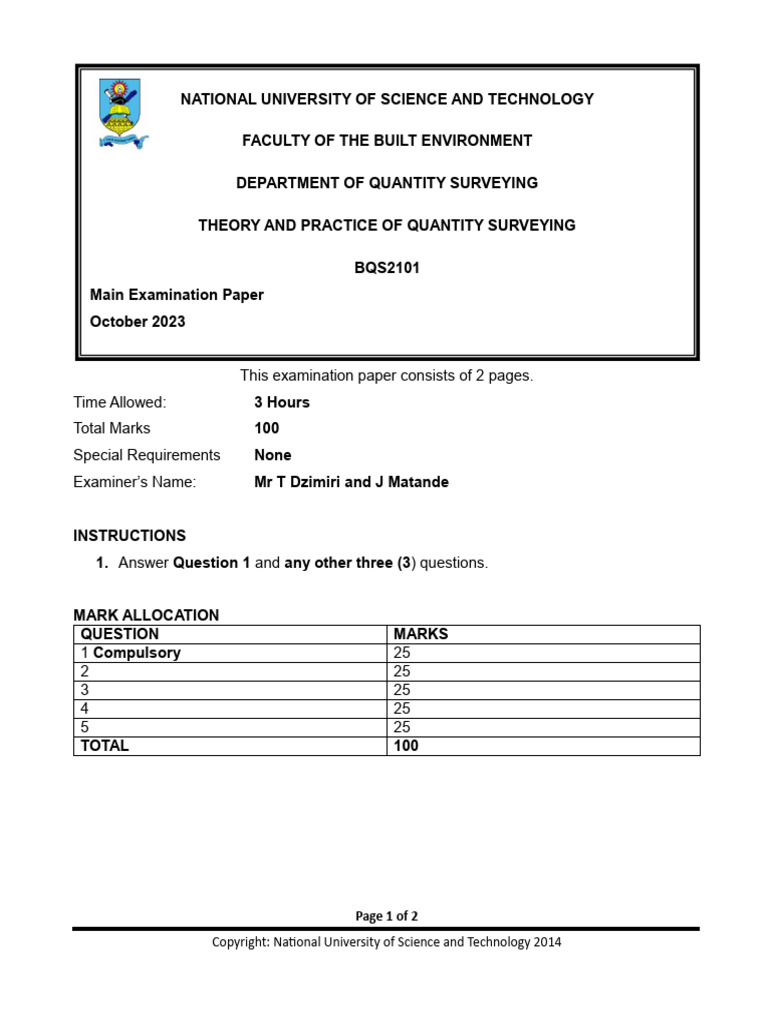 Quantity Surveying Exam Paper 2023 | PDF | Surveying