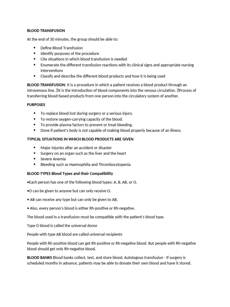 Blood Transfusion Notes | PDF | Blood Transfusion | Blood Plasma