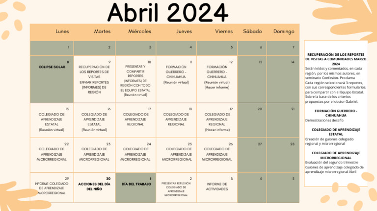 Calendario de Actividades Del Mes de Abril Coordinadores Académicos ...