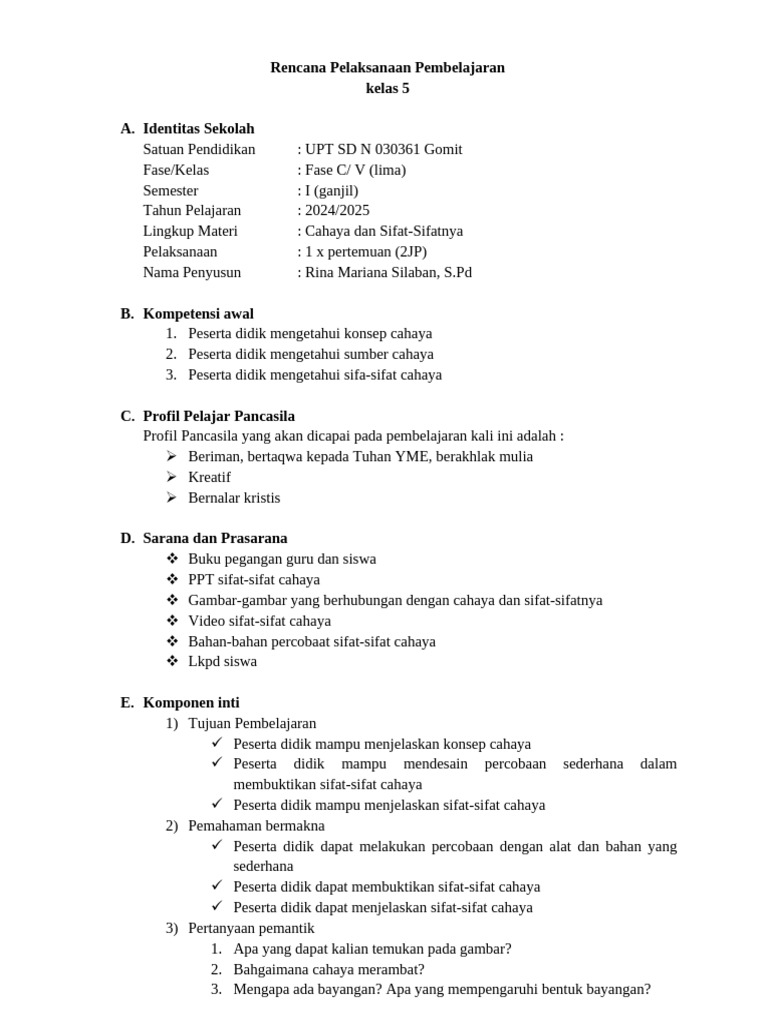 RPP Kelas 5 Cahaya Dan Sifat-Sifatnya | PDF