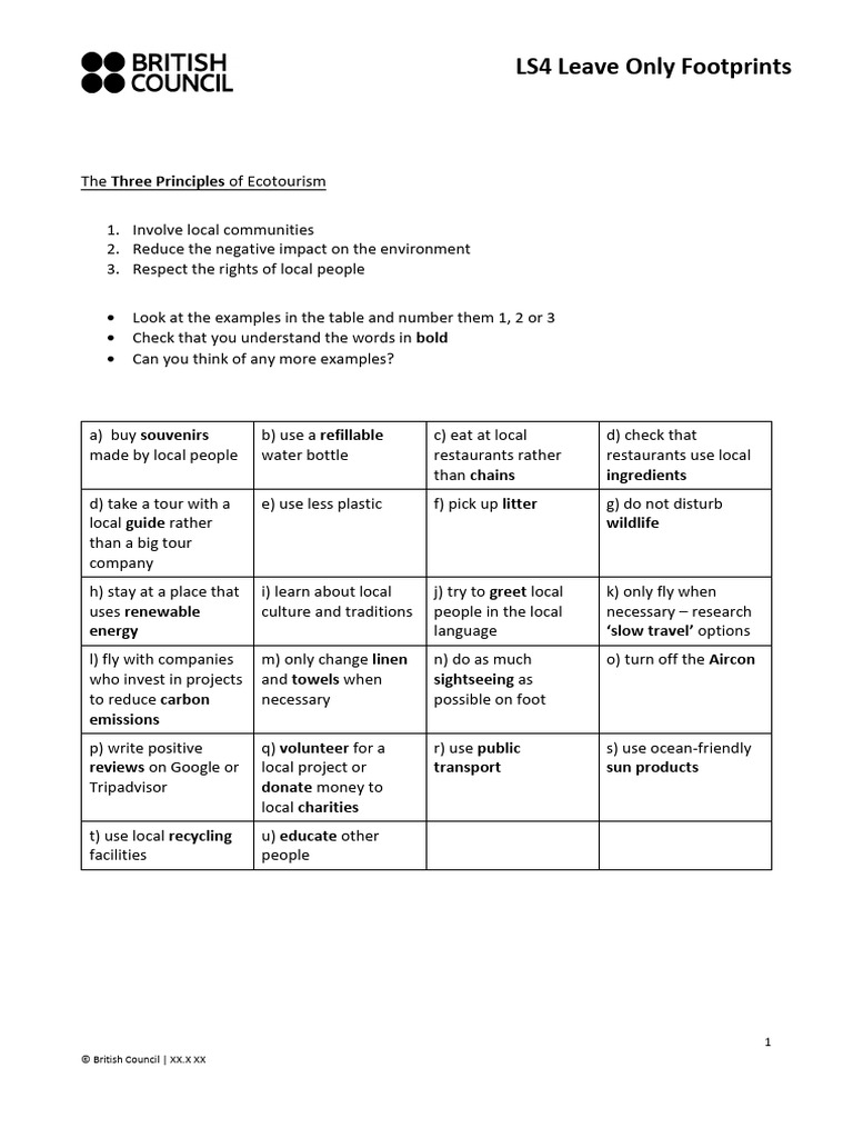 LS4 Leave Only Footprints Task 3 Examples of Ecotourism | PDF
