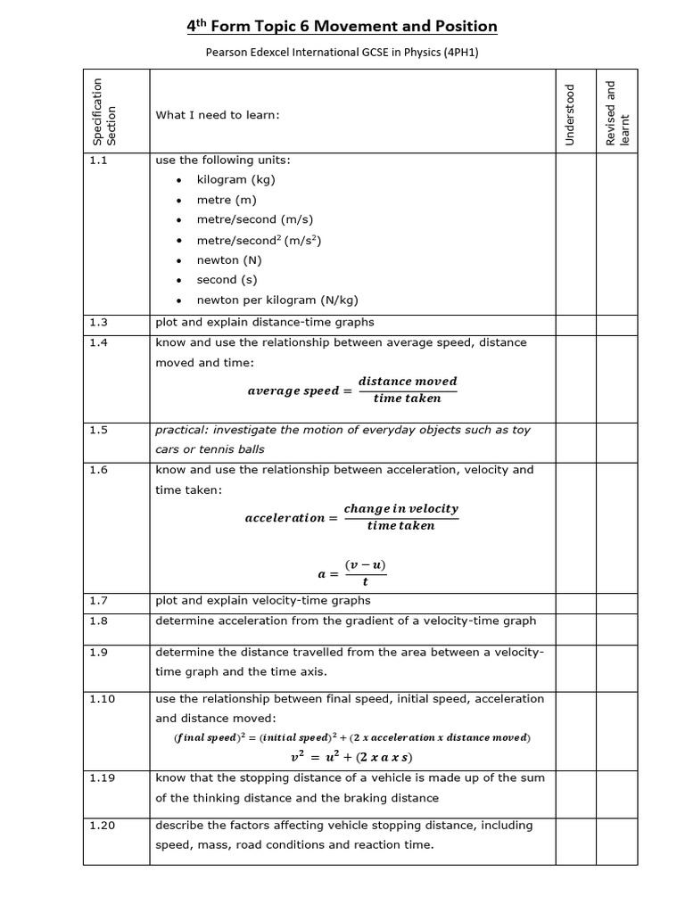 4th topic 6 movement and position checklist pdf acceleration speed