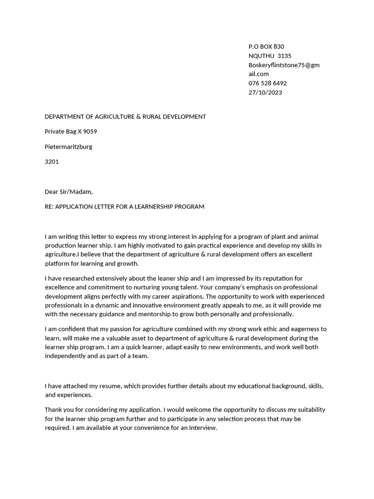 Application for Agriculture Learnership | PDF