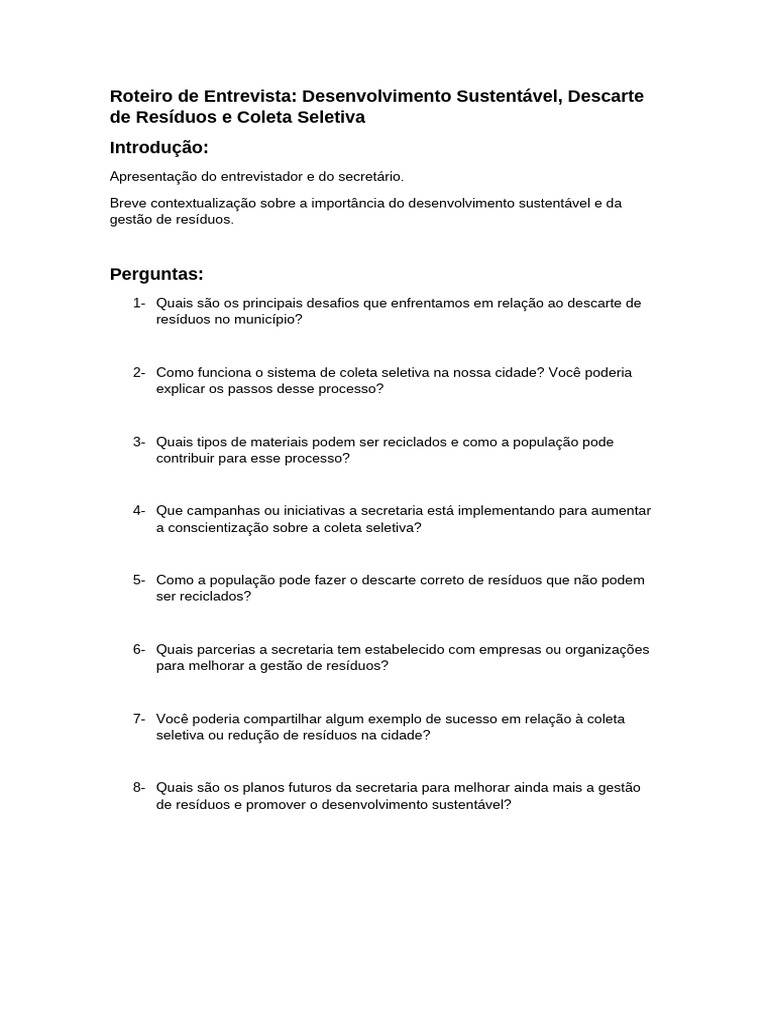 Roteiro de Entrevista meio ambiente | PDF